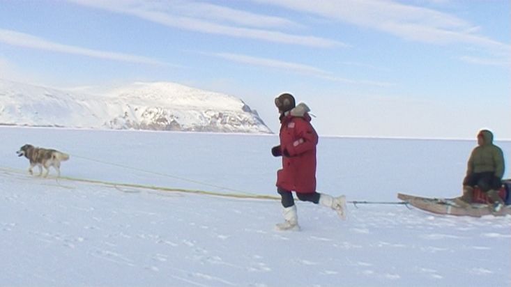 Running next to the sled dogs to get warm - Nanoq 2007 expedition