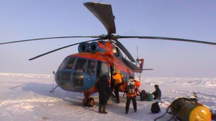 Helicopter in the Barneo base - Geographic North Pole 2002 expedition